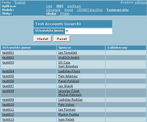 Přehled testovacích účtů