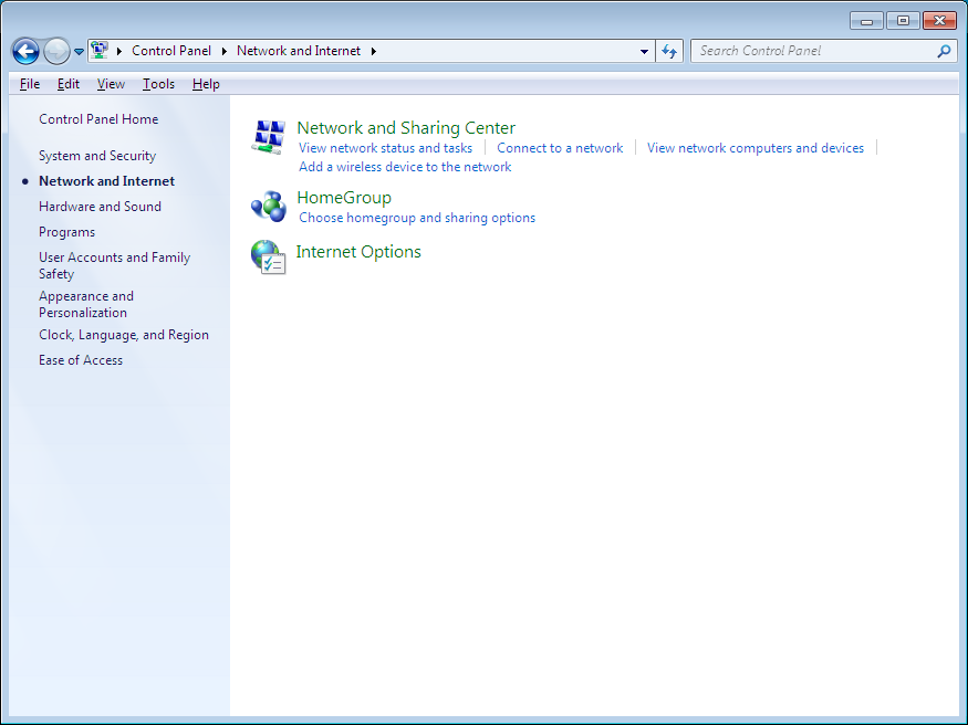 Control Panel - Network and Internet