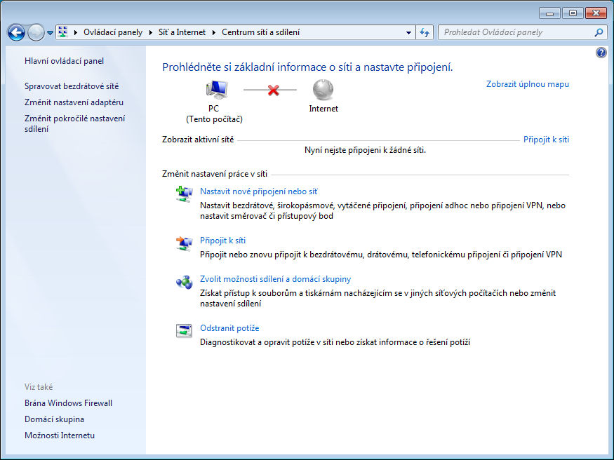Ovládací panely - Síť a Internet - Centrum sítí a sdílení