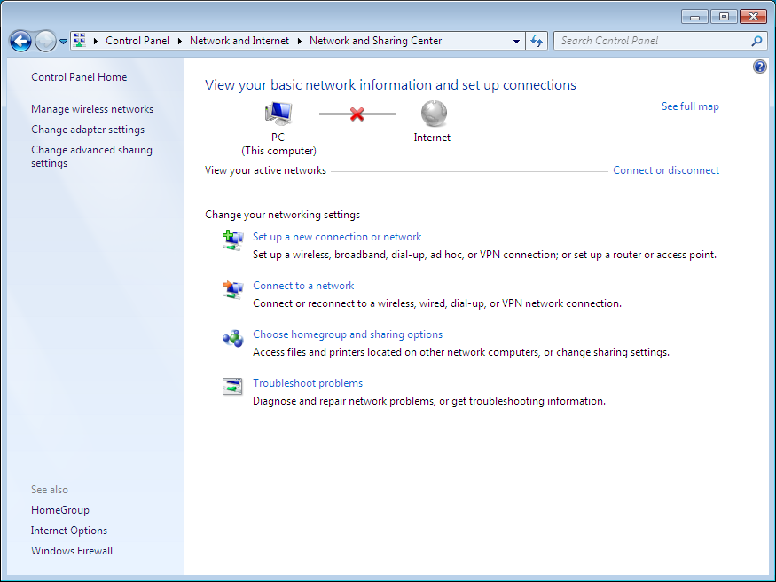 Control Panel - Network and Internet - Network and Sharing Center