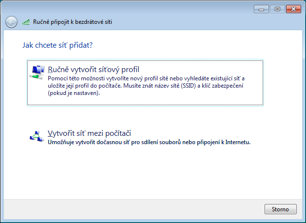 Ručně připojit k bezdrátové síti