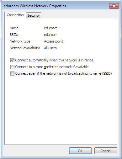 Eduroam properties - Connection