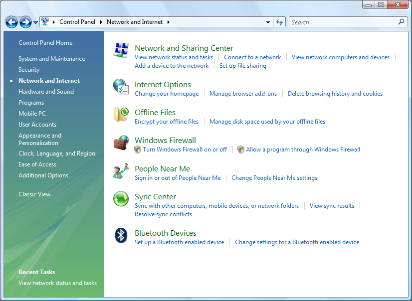 Control Panel - Network and Internet