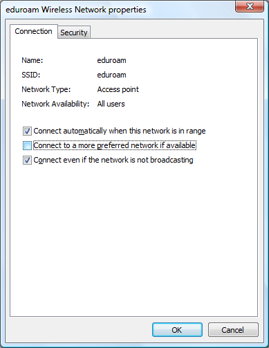 Eduroam properties - Connection